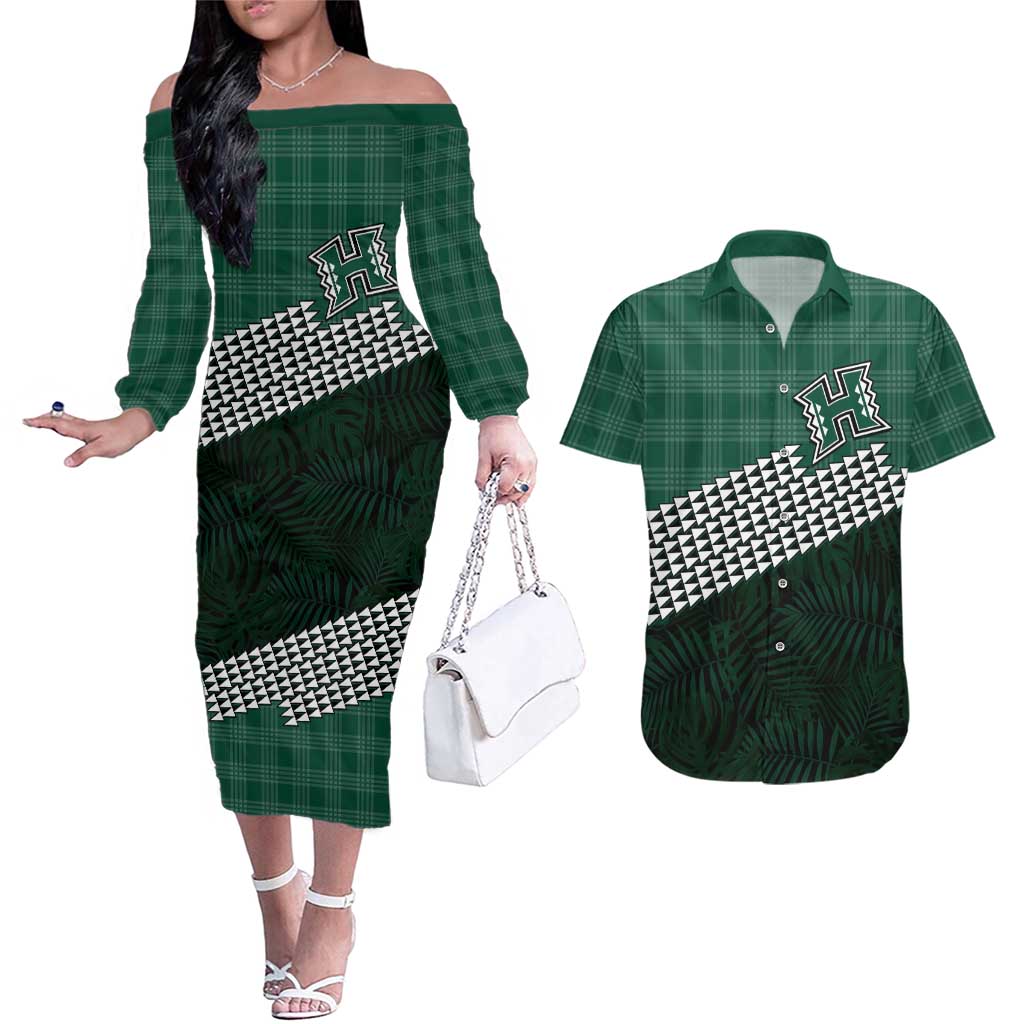 Rainbow Warriors Hawaii Personalized Palaka Couples Matching Off The Shoulder Long Sleeve Dress and Hawaiian Shirt LT7 Green - Polynesian Pride