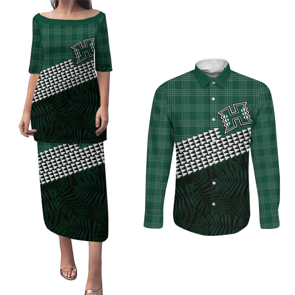 Rainbow Warriors Hawaii Personalized Palaka Couples Matching Puletasi and Long Sleeve Button Shirt LT7 Green - Polynesian Pride