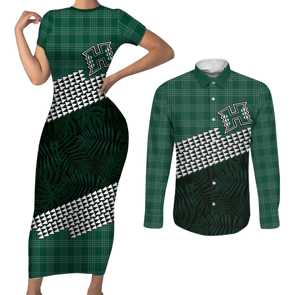 Rainbow Warriors Hawaii Personalized Palaka Couples Matching Short Sleeve Bodycon Dress and Long Sleeve Button Shirt LT7 Green - Polynesian Pride