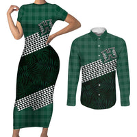 Rainbow Warriors Hawaii Personalized Palaka Couples Matching Short Sleeve Bodycon Dress and Long Sleeve Button Shirt LT7 Green - Polynesian Pride