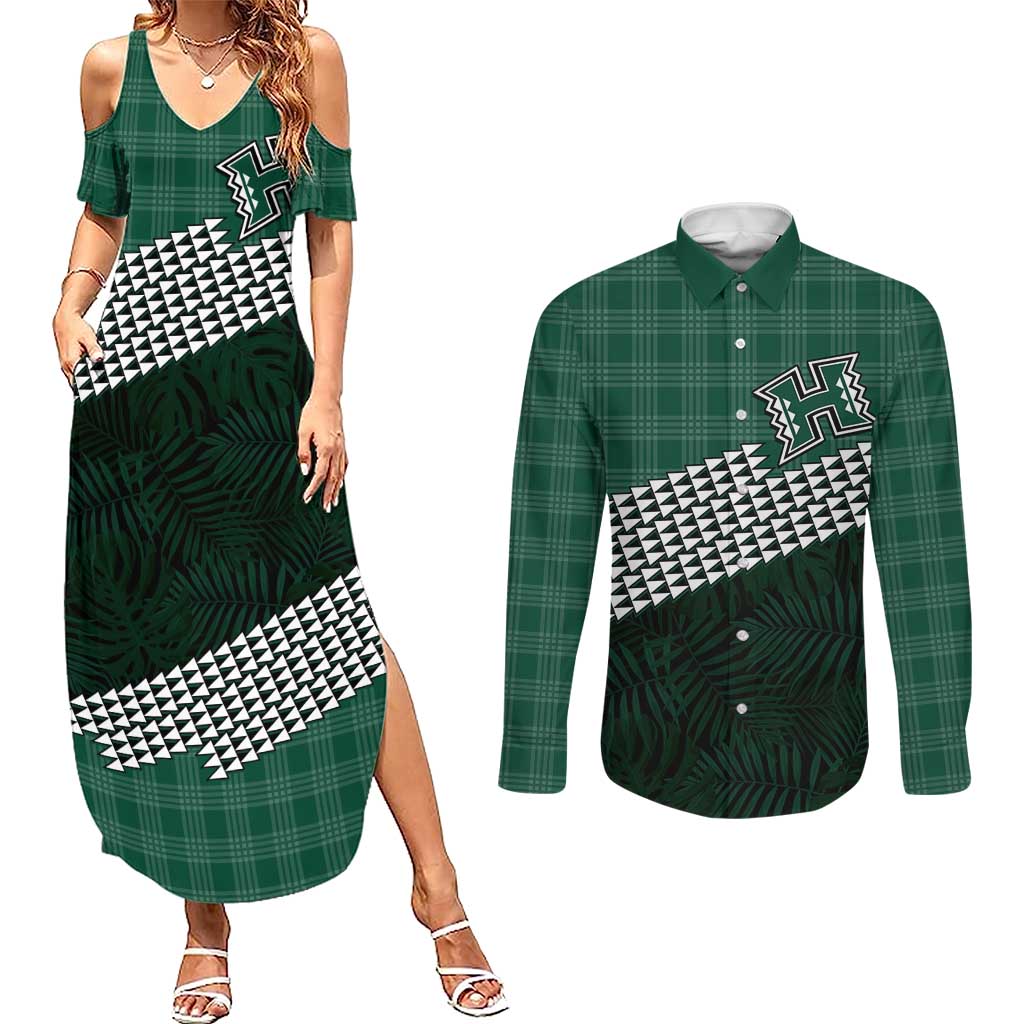 Rainbow Warriors Hawaii Personalized Palaka Couples Matching Summer Maxi Dress and Long Sleeve Button Shirt LT7 Green - Polynesian Pride