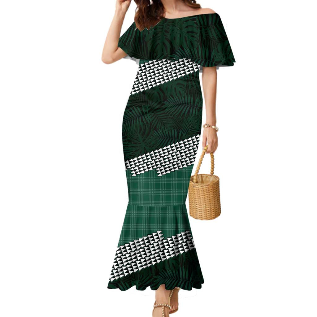 Rainbow Warriors Hawaii Personalized Palaka Family Matching Mermaid Dress and Hawaiian Shirt LT7 Mom's Dress Green - Polynesian Pride