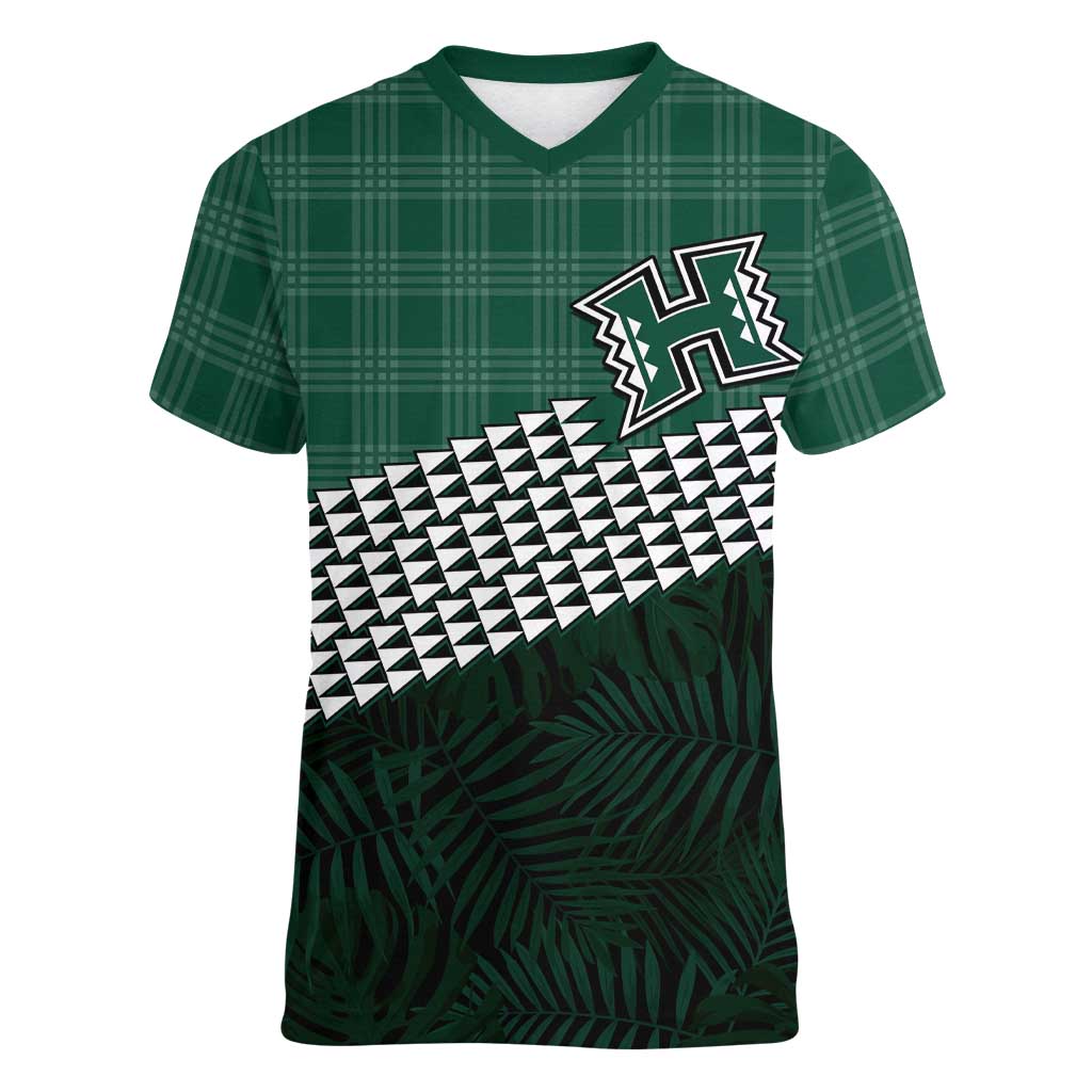 Rainbow Warriors Hawaii Personalized Palaka Women V-Neck T-Shirt LT7 Female Green - Polynesian Pride