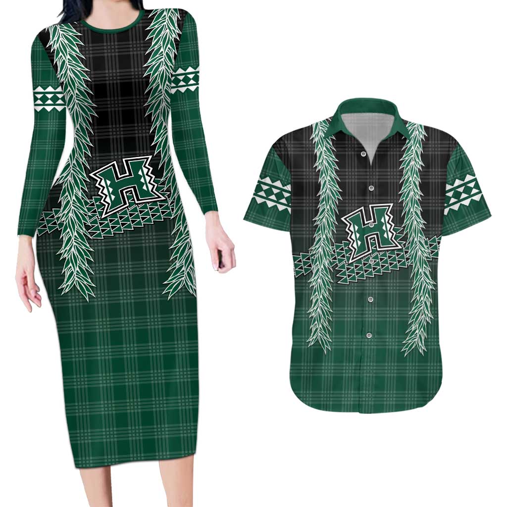 Rainbow Warriors Hawaii Palaka Couples Matching Long Sleeve Bodycon Dress and Hawaiian Shirt Maile Lei LT7 Dark Green - Polynesian Pride