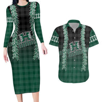Rainbow Warriors Hawaii Palaka Couples Matching Long Sleeve Bodycon Dress and Hawaiian Shirt Maile Lei LT7 Dark Green - Polynesian Pride