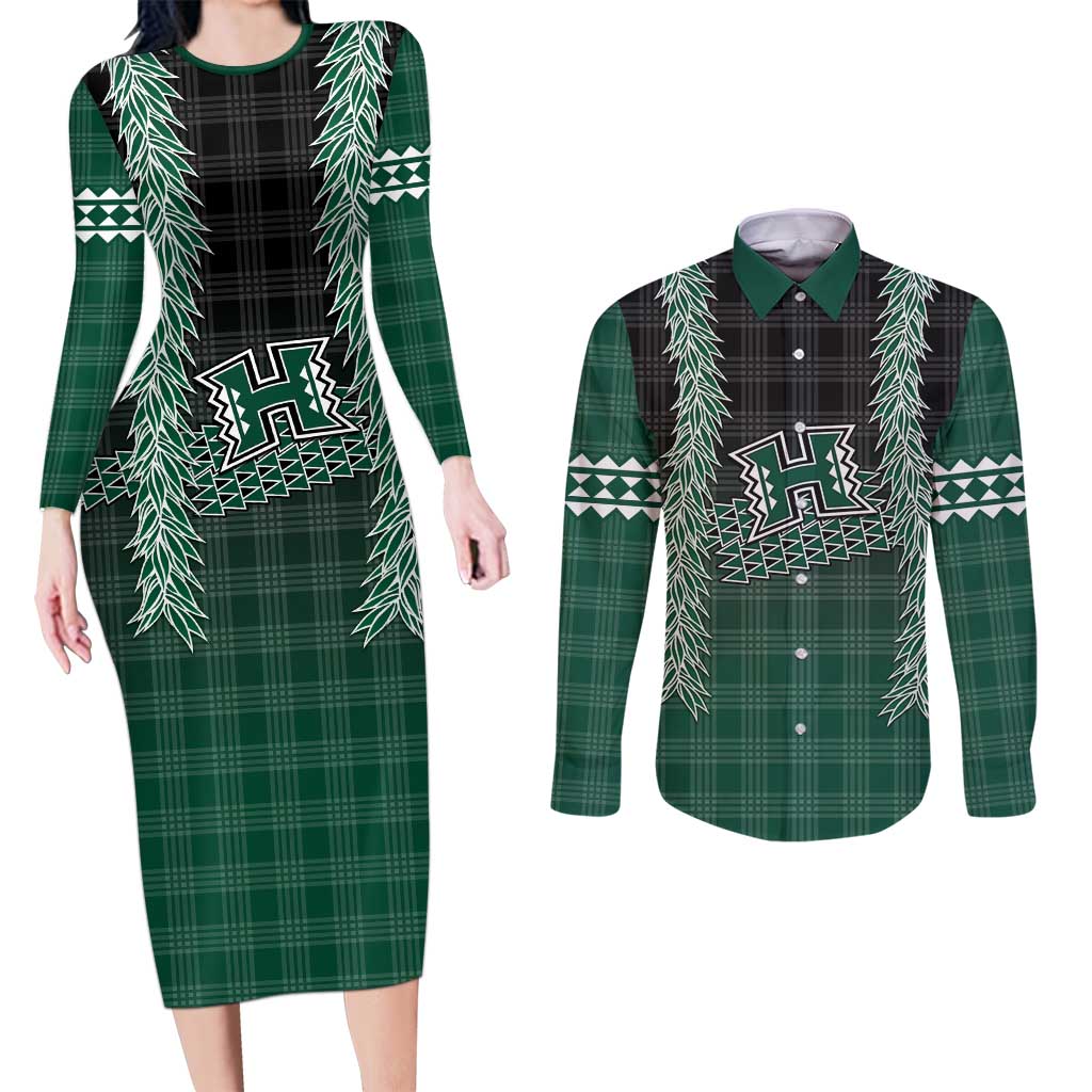 Rainbow Warriors Hawaii Palaka Couples Matching Long Sleeve Bodycon Dress and Long Sleeve Button Shirt Maile Lei LT7 Dark Green - Polynesian Pride