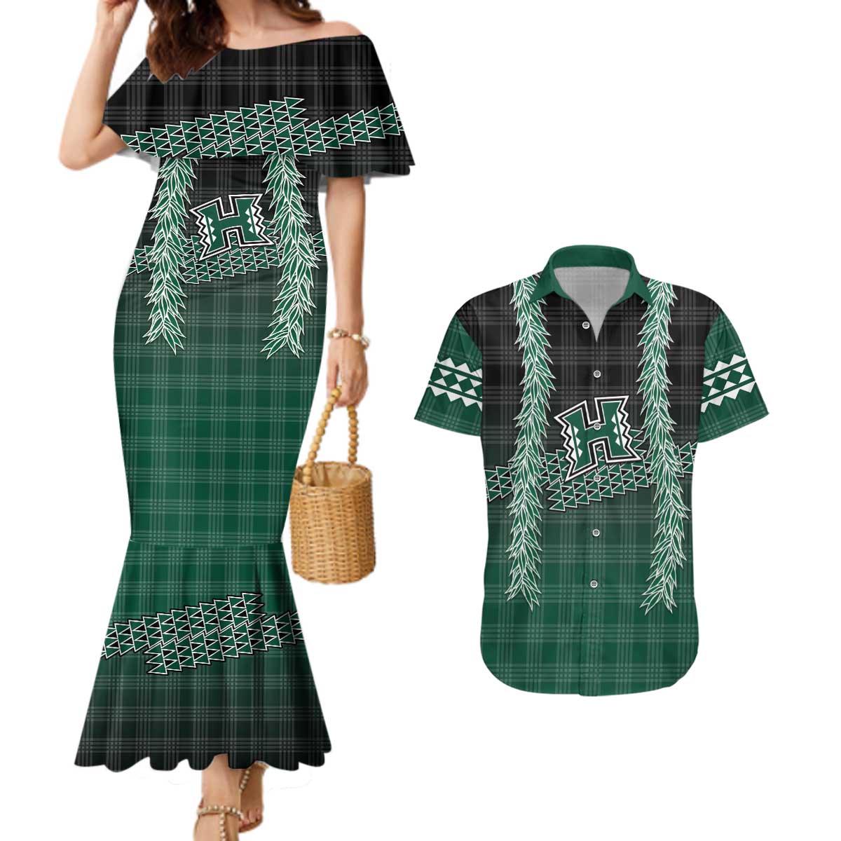 Rainbow Warriors Hawaii Palaka Couples Matching Mermaid Dress and Hawaiian Shirt Maile Lei LT7 Dark Green - Polynesian Pride