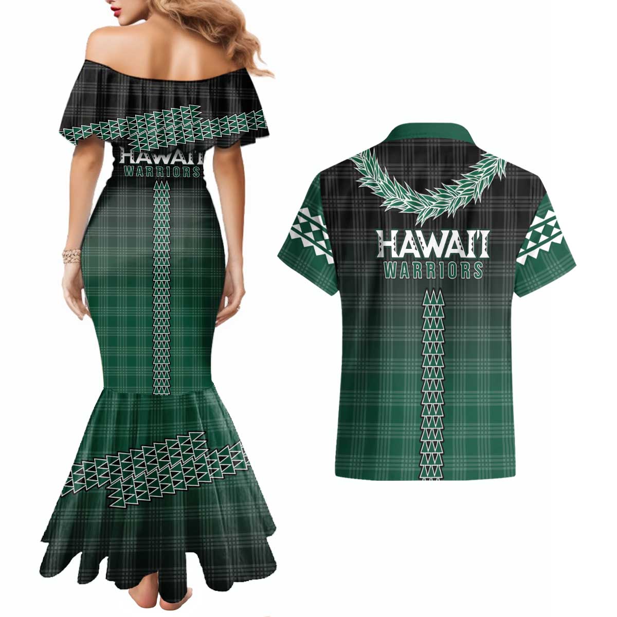 Rainbow Warriors Hawaii Palaka Couples Matching Mermaid Dress and Hawaiian Shirt Maile Lei LT7 - Polynesian Pride