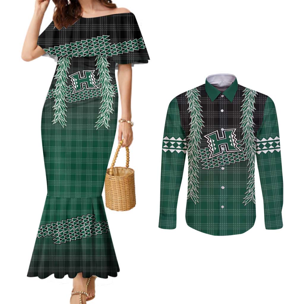 Rainbow Warriors Hawaii Palaka Couples Matching Mermaid Dress and Long Sleeve Button Shirt Maile Lei LT7 Dark Green - Polynesian Pride