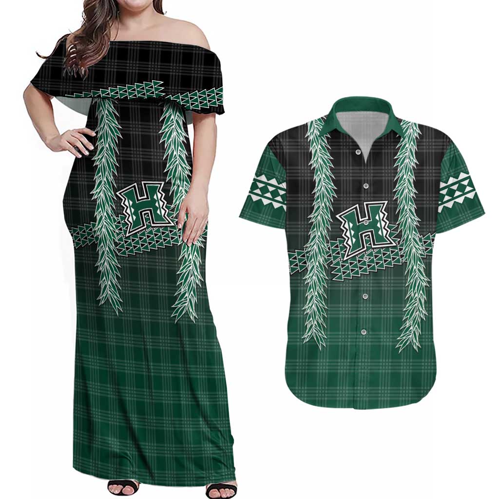 Rainbow Warriors Hawaii Palaka Couples Matching Off Shoulder Maxi Dress and Hawaiian Shirt Maile Lei LT7 Dark Green - Polynesian Pride