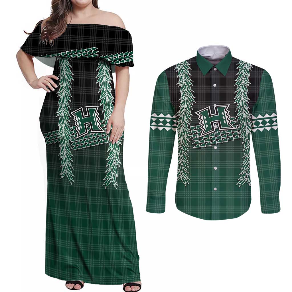 Rainbow Warriors Hawaii Palaka Couples Matching Off Shoulder Maxi Dress and Long Sleeve Button Shirt Maile Lei LT7 Dark Green - Polynesian Pride