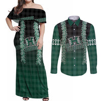 Rainbow Warriors Hawaii Palaka Couples Matching Off Shoulder Maxi Dress and Long Sleeve Button Shirt Maile Lei LT7 Dark Green - Polynesian Pride