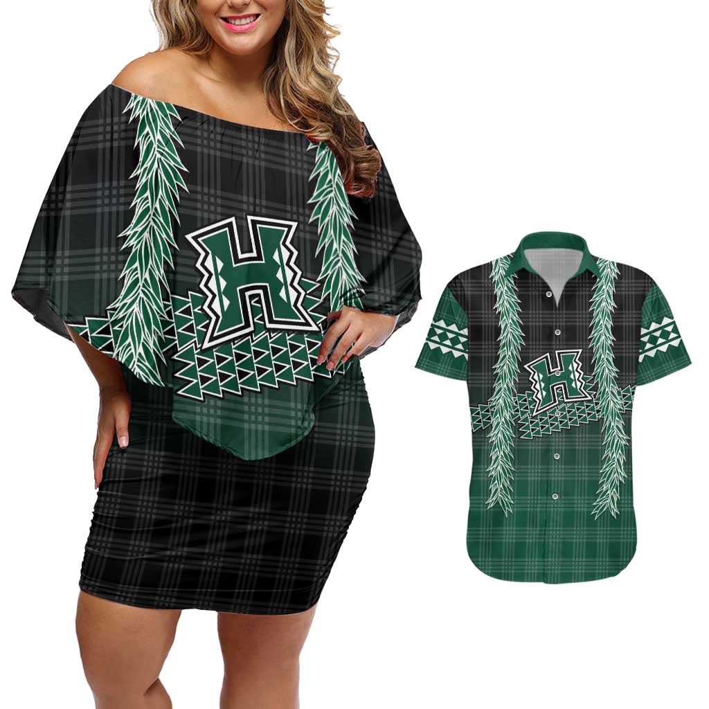 Rainbow Warriors Hawaii Palaka Couples Matching Off Shoulder Short Dress and Hawaiian Shirt Maile Lei LT7 Dark Green - Polynesian Pride