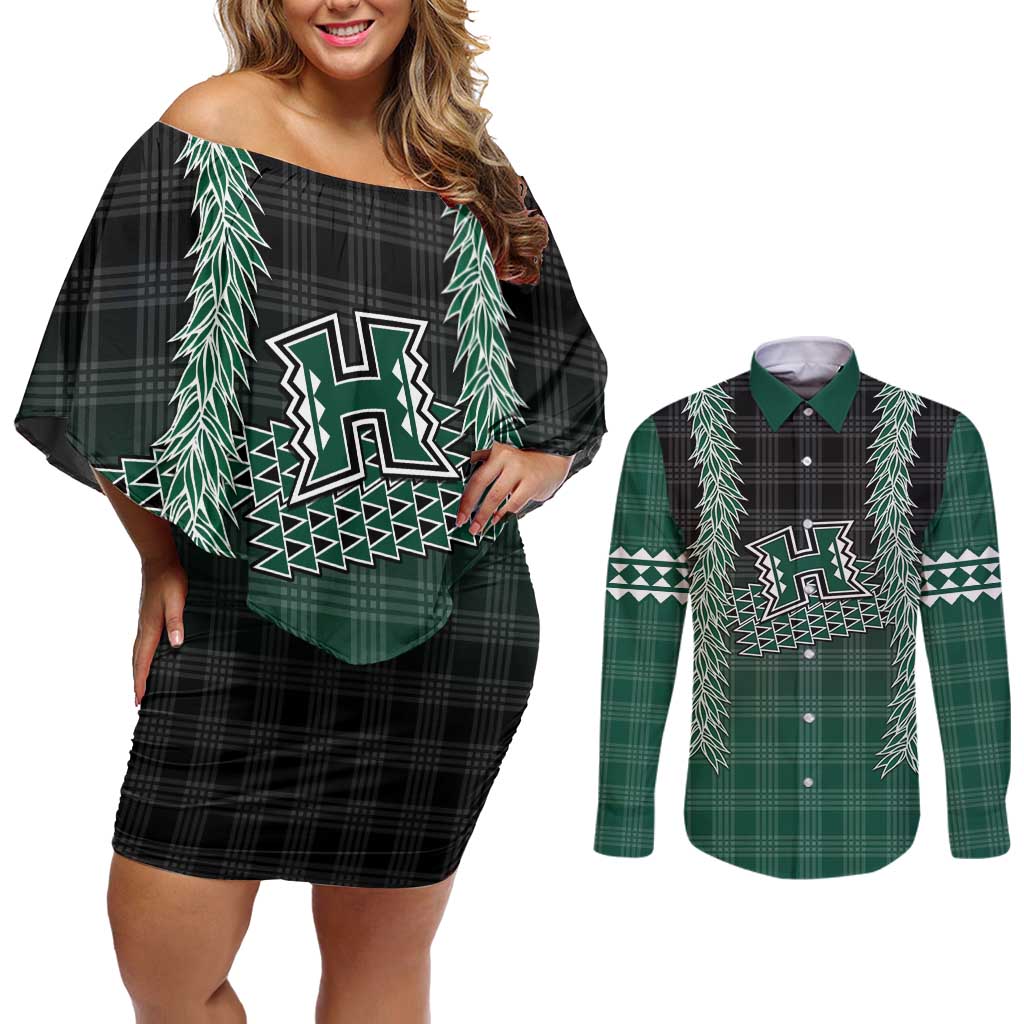 Rainbow Warriors Hawaii Palaka Couples Matching Off Shoulder Short Dress and Long Sleeve Button Shirt Maile Lei LT7 Dark Green - Polynesian Pride