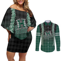 Rainbow Warriors Hawaii Palaka Couples Matching Off Shoulder Short Dress and Long Sleeve Button Shirt Maile Lei LT7 Dark Green - Polynesian Pride