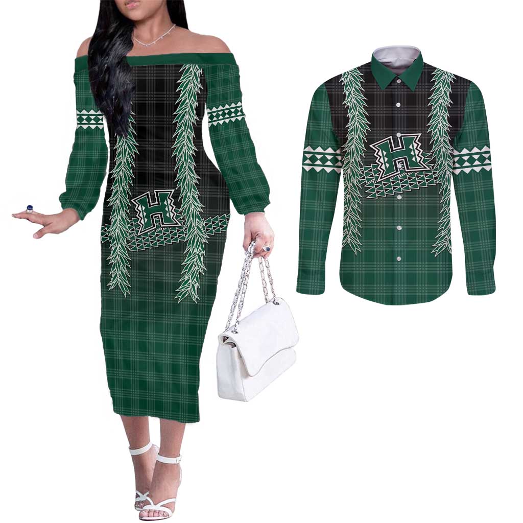 Rainbow Warriors Hawaii Palaka Couples Matching Off The Shoulder Long Sleeve Dress and Long Sleeve Button Shirt Maile Lei - Polynesian Pride