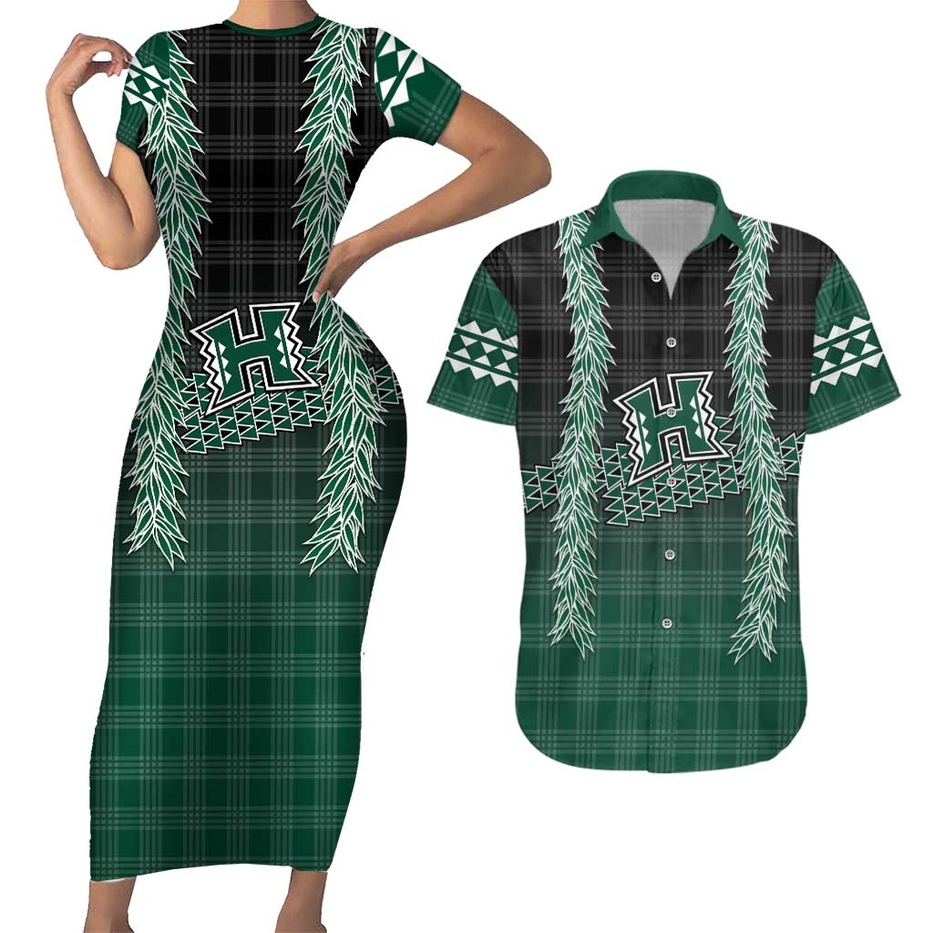 Rainbow Warriors Hawaii Palaka Couples Matching Short Sleeve Bodycon Dress and Hawaiian Shirt Maile Lei LT7 Dark Green - Polynesian Pride