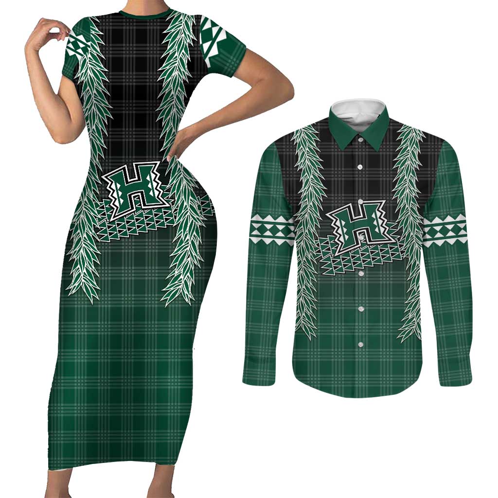 Rainbow Warriors Hawaii Palaka Couples Matching Short Sleeve Bodycon Dress and Long Sleeve Button Shirt Maile Lei LT7 Dark Green - Polynesian Pride