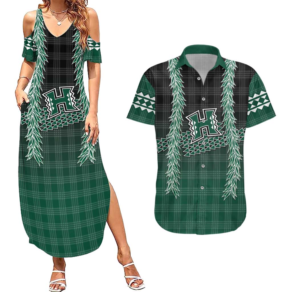 Rainbow Warriors Hawaii Palaka Couples Matching Summer Maxi Dress and Hawaiian Shirt Maile Lei LT7 Dark Green - Polynesian Pride