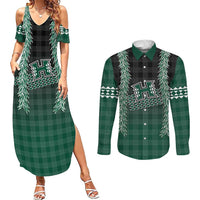 Rainbow Warriors Hawaii Palaka Couples Matching Summer Maxi Dress and Long Sleeve Button Shirt Maile Lei LT7 Dark Green - Polynesian Pride