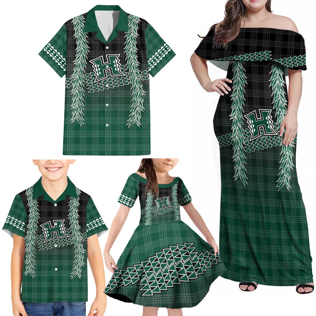Rainbow Warriors Hawaii Palaka Family Matching Off Shoulder Maxi Dress and Hawaiian Shirt Maile Lei - Polynesian Pride