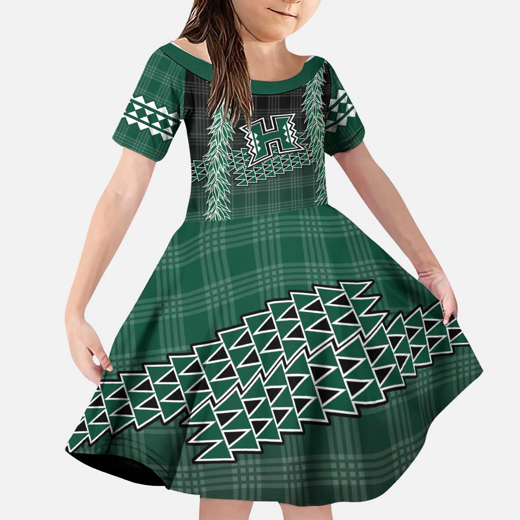 Rainbow Warriors Hawaii Palaka Family Matching Puletasi and Hawaiian Shirt Maile Lei LT7 Daughter's Dress Dark Green - Polynesian Pride
