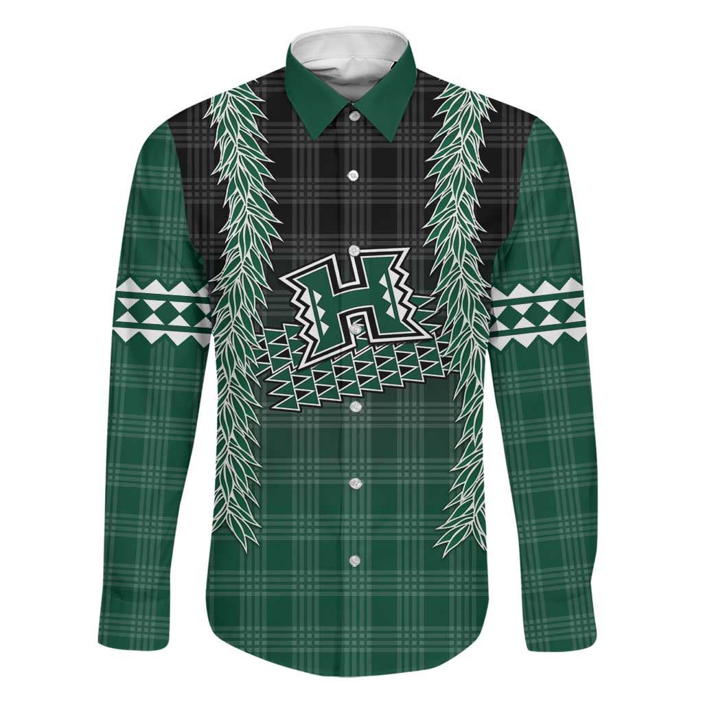 Rainbow Warriors Hawaii Palaka Family Matching Puletasi and Hawaiian Shirt Maile Lei LT7 Dad's Shirt - Long Sleeve Dark Green - Polynesian Pride