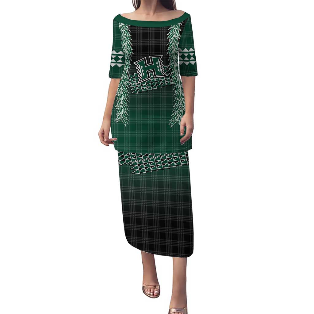 Rainbow Warriors Hawaii Palaka Family Matching Puletasi and Hawaiian Shirt Maile Lei LT7 Mom's Dress Dark Green - Polynesian Pride