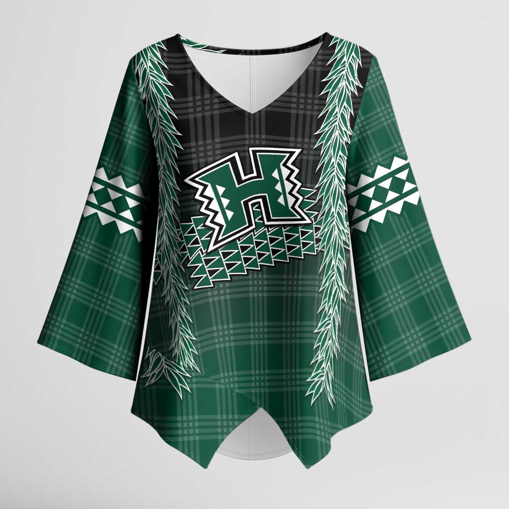 Rainbow Warriors Hawaii Palaka Kimono Sleeve Blouse Maile Lei LT7 Female Dark Green - Polynesian Pride