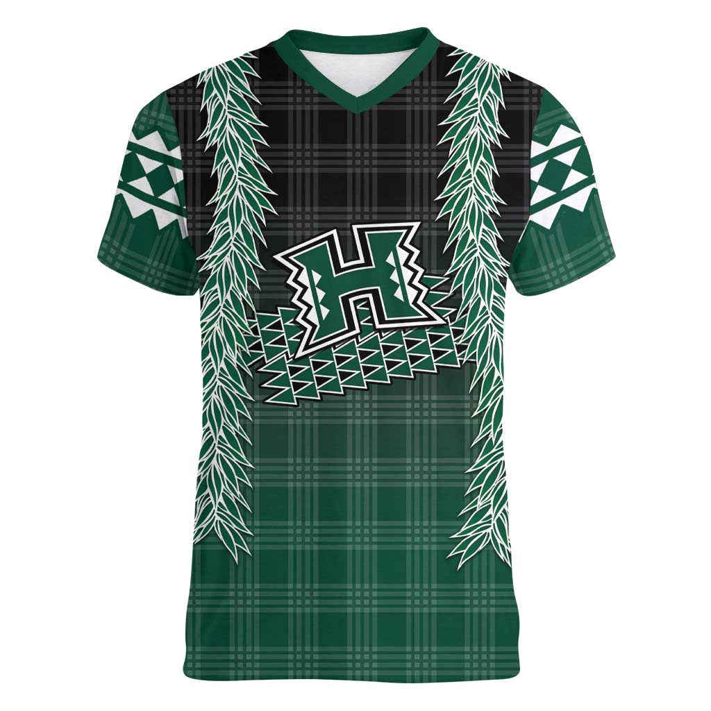 Rainbow Warriors Hawaii Palaka Women V-Neck T-Shirt Maile Lei LT7 Female Dark Green - Polynesian Pride