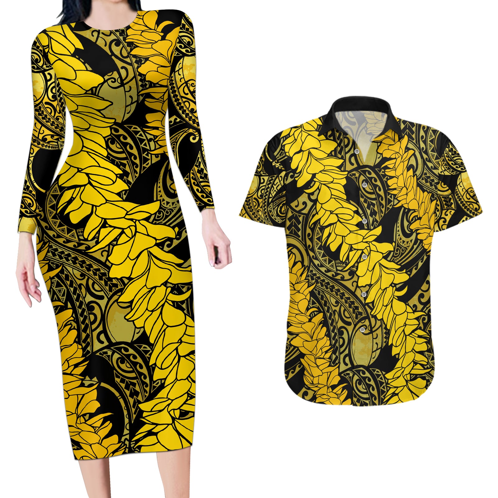 Hawaii Oahu Ilima Lei Couples Matching Long Sleeve Bodycon Dress and Hawaiian Shirt LT7 Yellow - Polynesian Pride