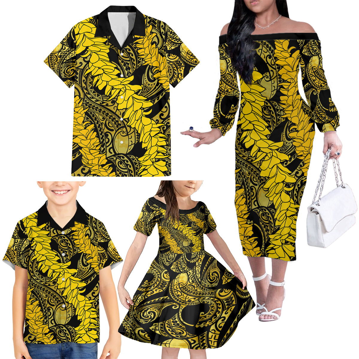 Hawaii Oahu Ilima Lei Family Matching Off Shoulder Long Sleeve Dress and Hawaiian Shirt LT7 - Polynesian Pride