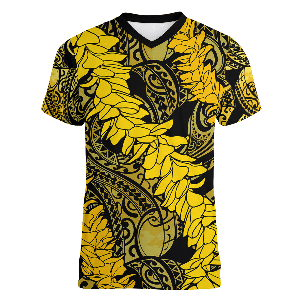 Hawaii Oahu Ilima Lei Women V Neck T Shirt LT7 Female Yellow - Polynesian Pride