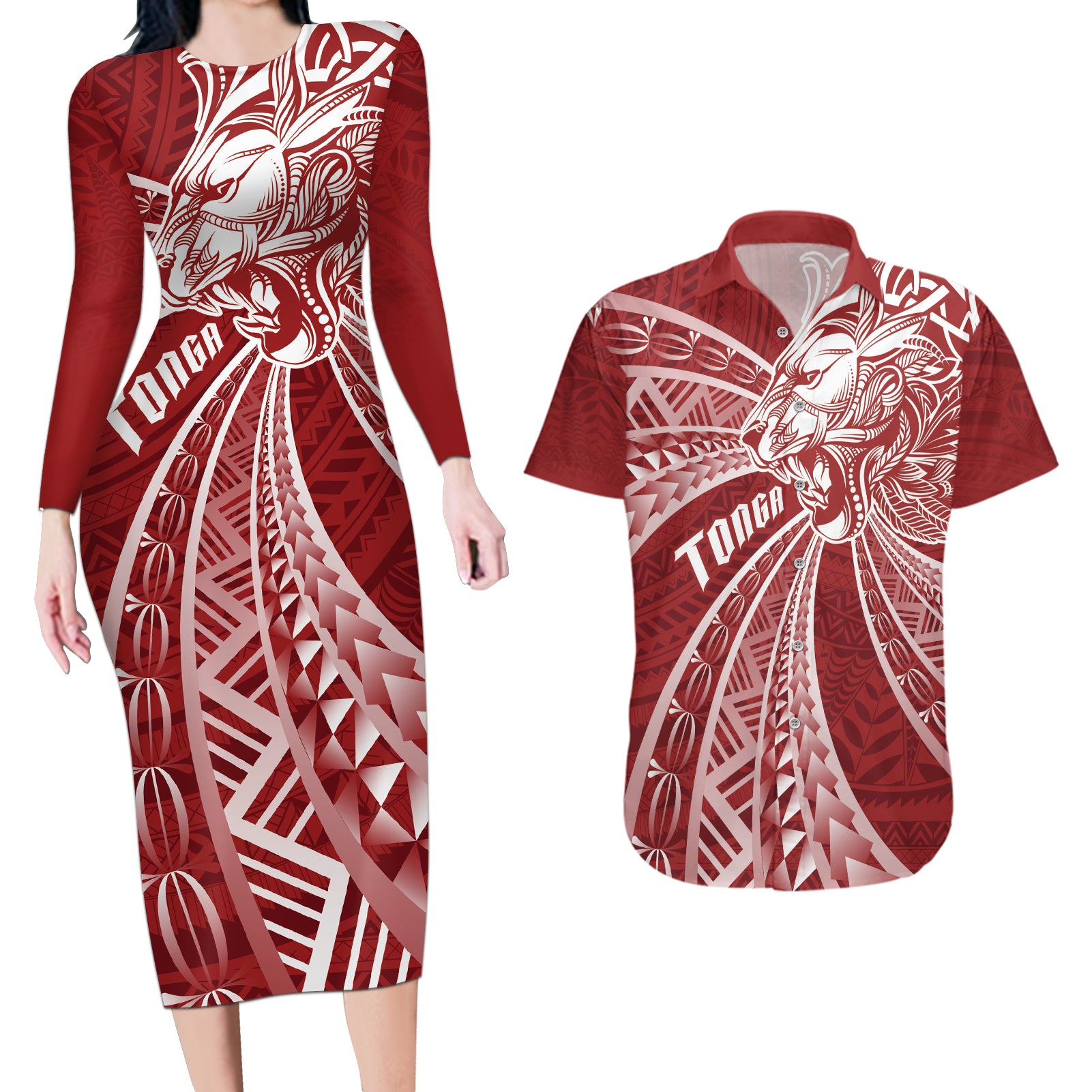 Tonga Independence Day Couples Matching Long Sleeve Bodycon Dress and Hawaiian Shirt Tongatapu Lion Ngatu Motifs