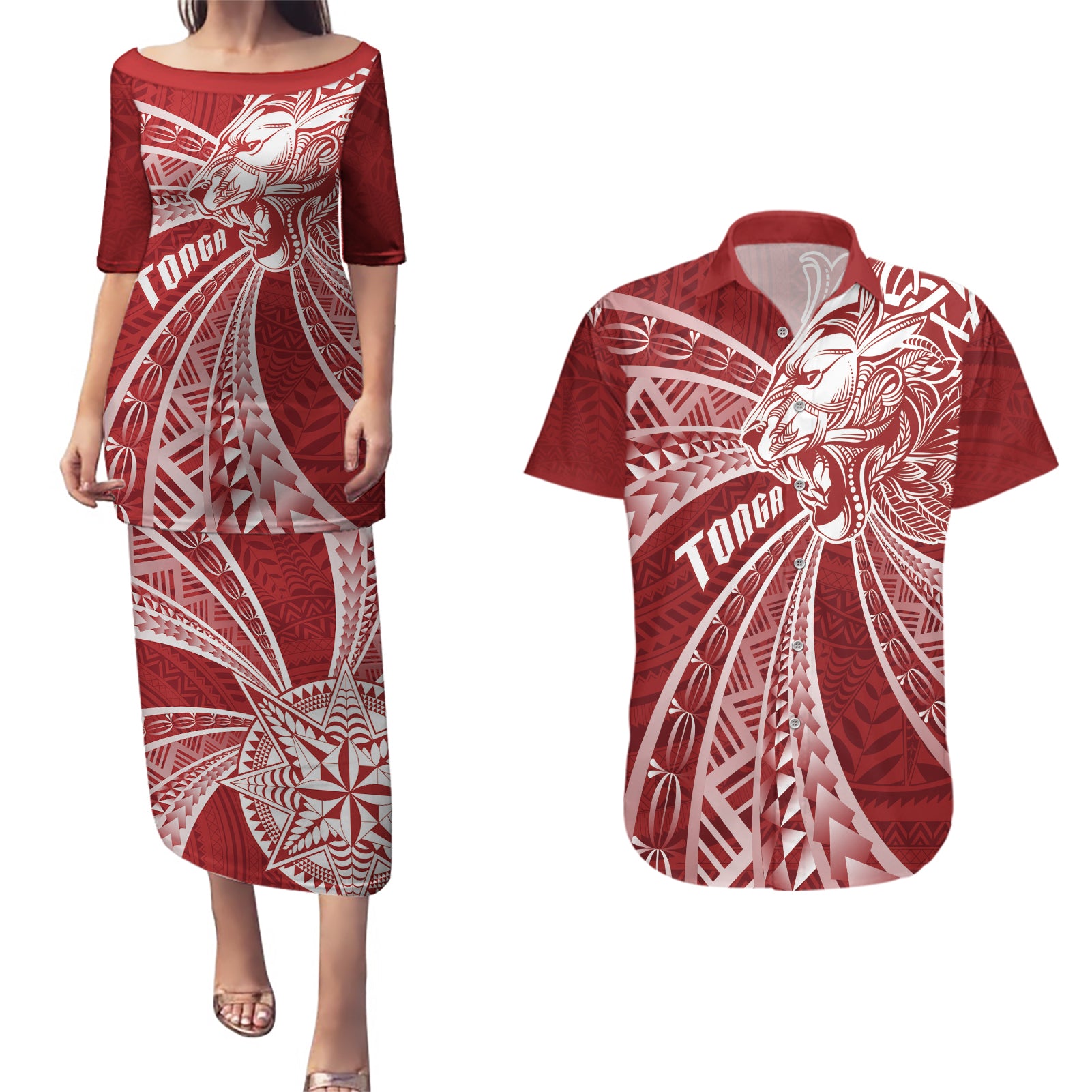 Tonga Independence Day Couples Matching Puletasi and Hawaiian Shirt Tongatapu Lion Ngatu Motifs