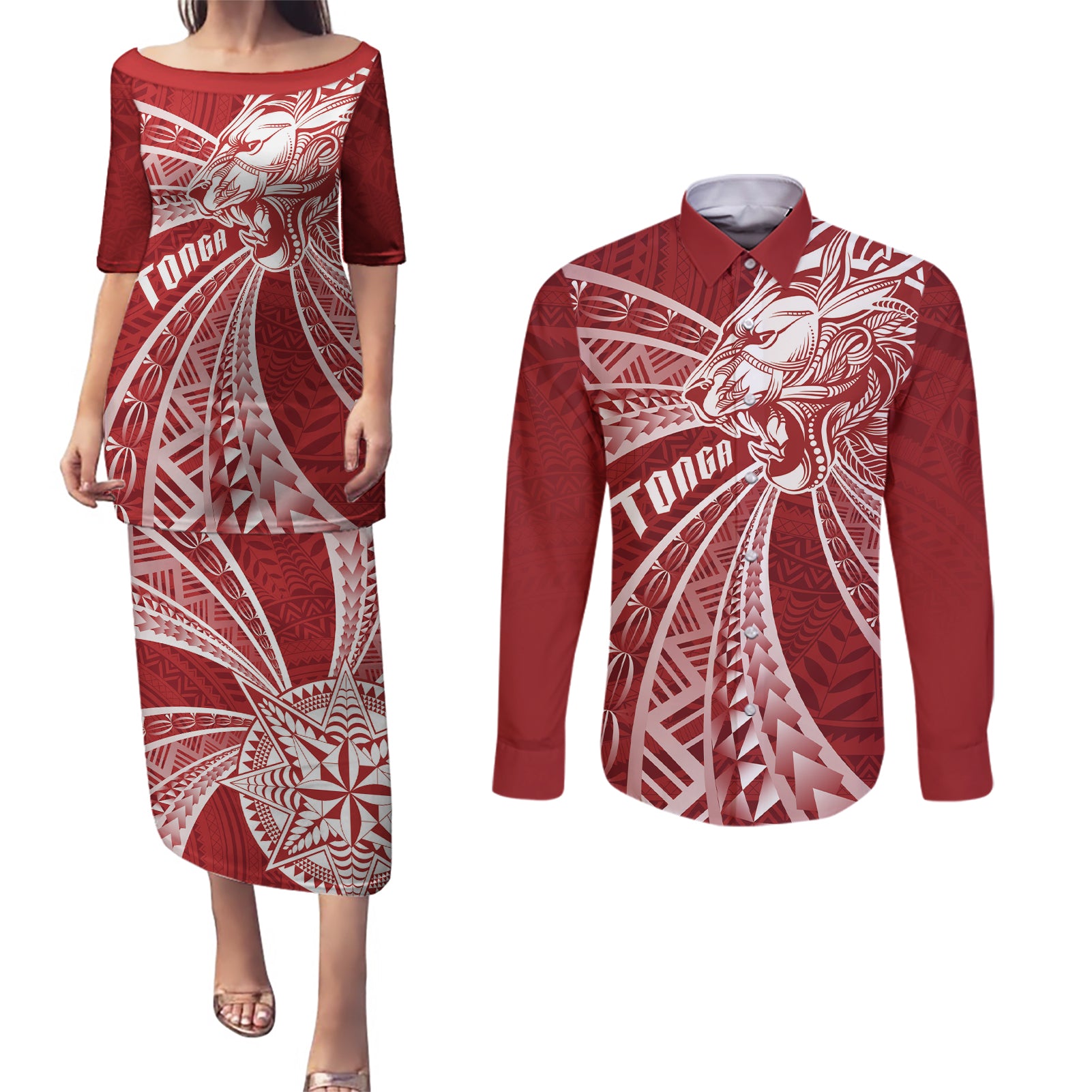 Tonga Independence Day Couples Matching Puletasi and Long Sleeve Button Shirt Tongatapu Lion Ngatu Motifs