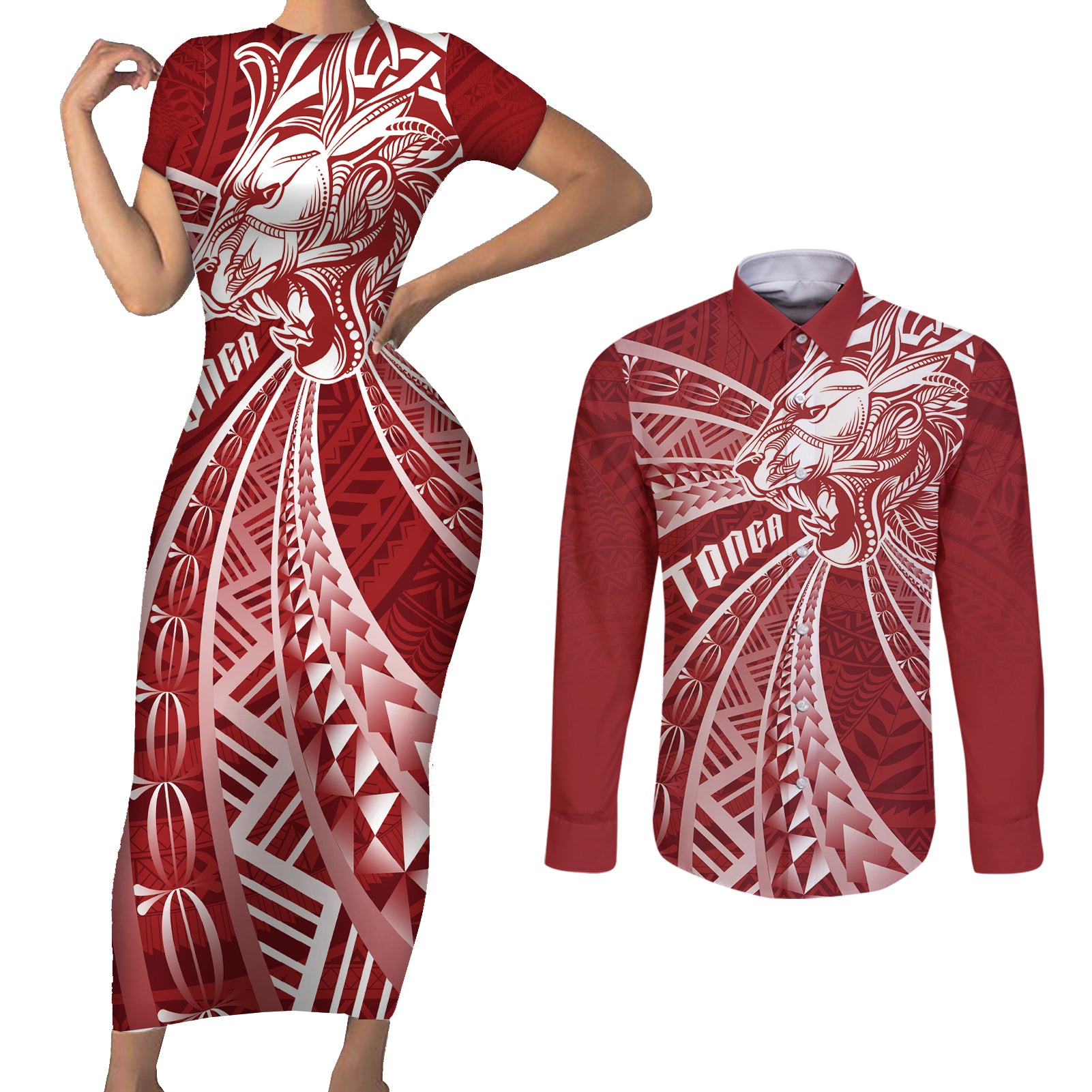 Tonga Independence Day Couples Matching Short Sleeve Bodycon Dress and Long Sleeve Button Shirt Tongatapu Lion Ngatu Motifs