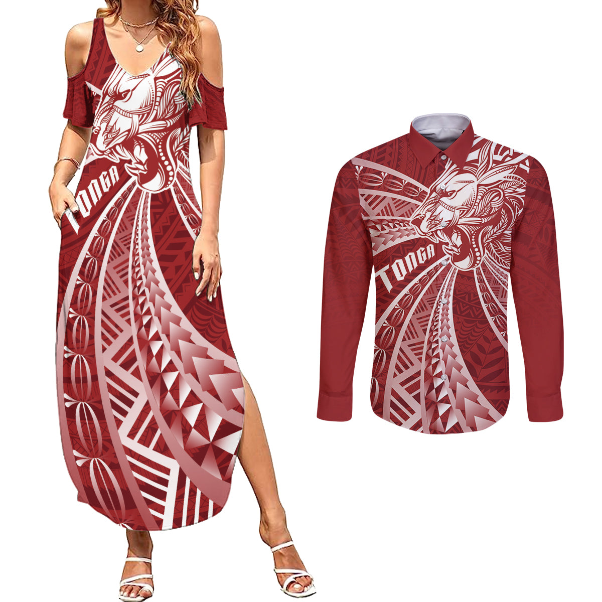 Tonga Independence Day Couples Matching Summer Maxi Dress and Long Sleeve Button Shirt Tongatapu Lion Ngatu Motifs