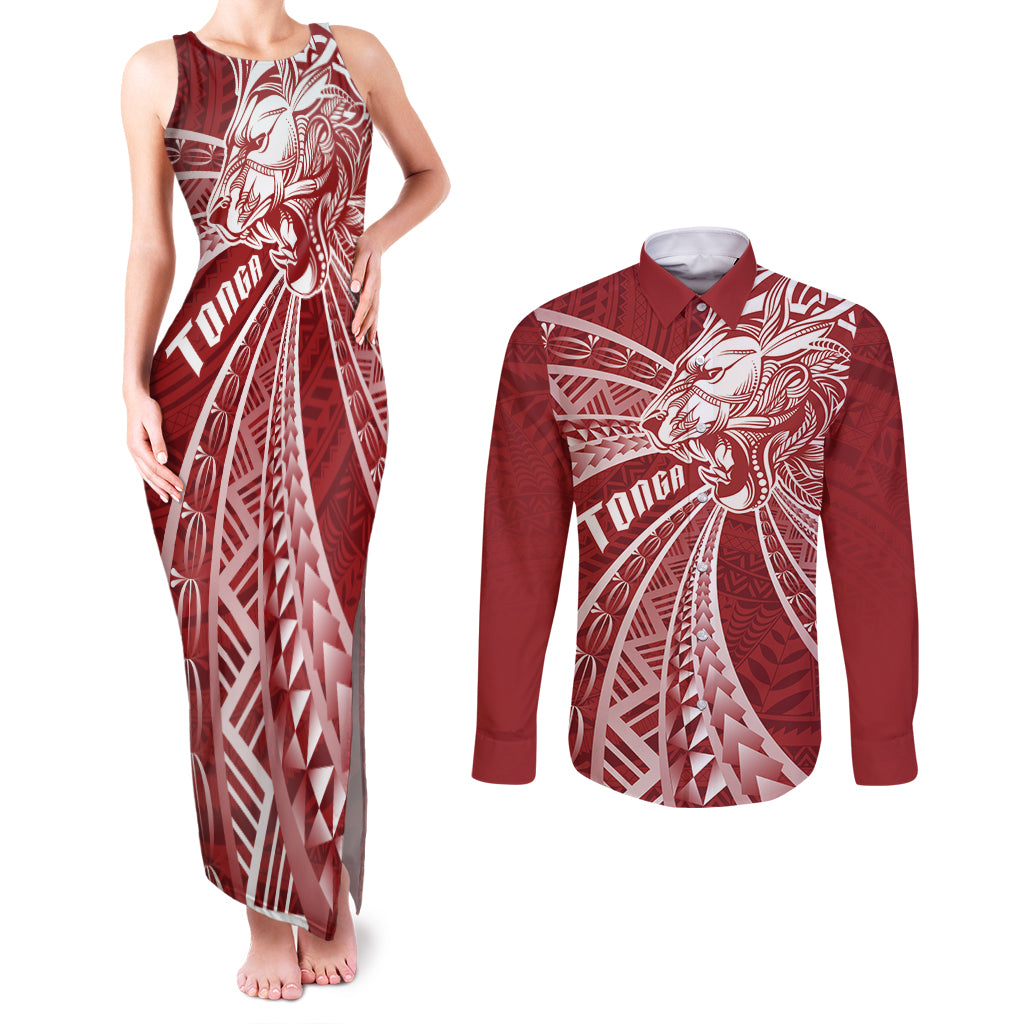 Tonga Independence Day Couples Matching Tank Maxi Dress and Long Sleeve Button Shirt Tongatapu Lion Ngatu Motifs