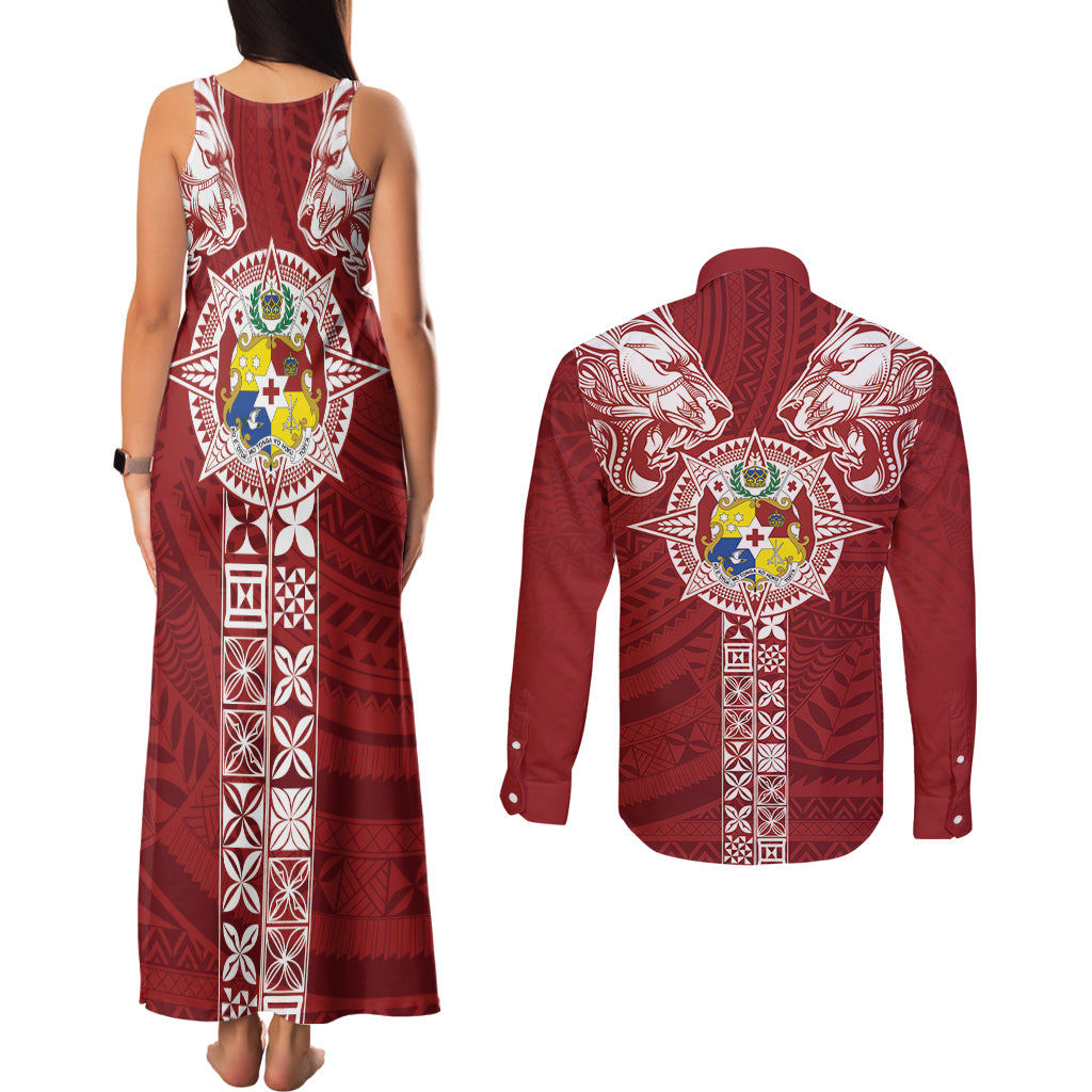Tonga Independence Day Couples Matching Tank Maxi Dress and Long Sleeve Button Shirt Tongatapu Lion Ngatu Motifs