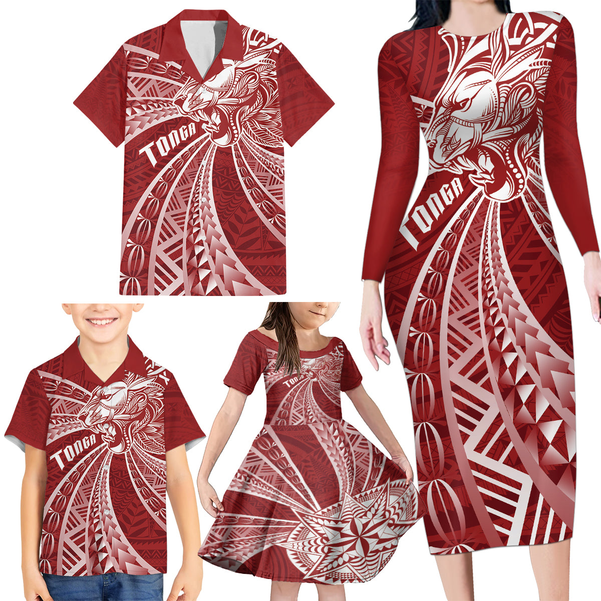 Tonga Independence Day Family Matching Long Sleeve Bodycon Dress and Hawaiian Shirt Tongatapu Lion Ngatu Motifs