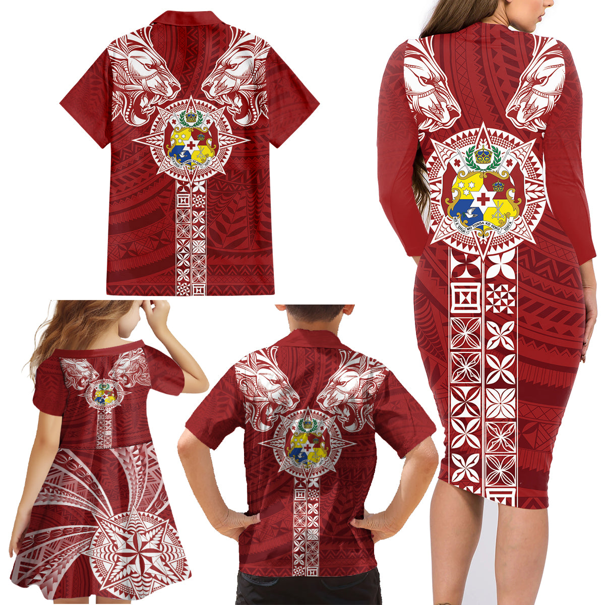 Tonga Independence Day Family Matching Long Sleeve Bodycon Dress and Hawaiian Shirt Tongatapu Lion Ngatu Motifs
