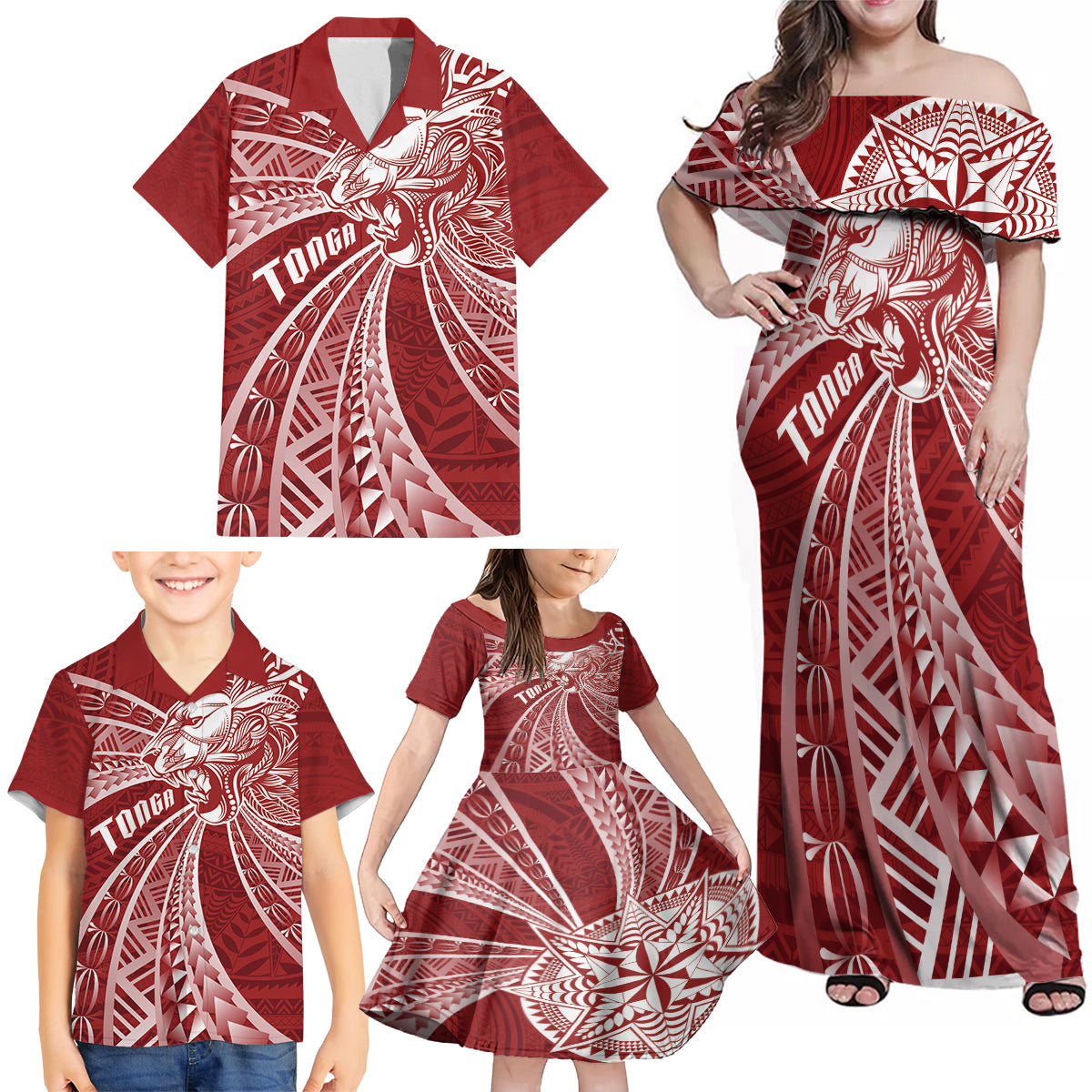 Tonga Independence Day Family Matching Off Shoulder Maxi Dress and Hawaiian Shirt Tongatapu Lion Ngatu Motifs