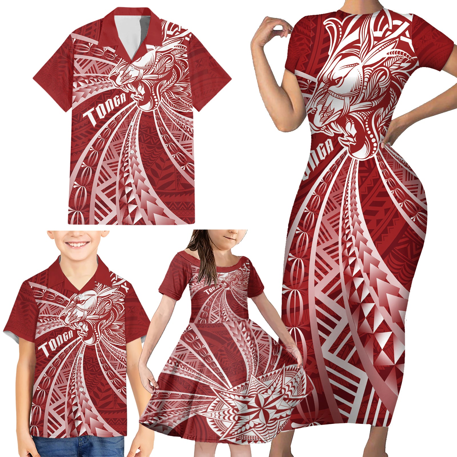 Tonga Independence Day Family Matching Short Sleeve Bodycon Dress and Hawaiian Shirt Tongatapu Lion Ngatu Motifs