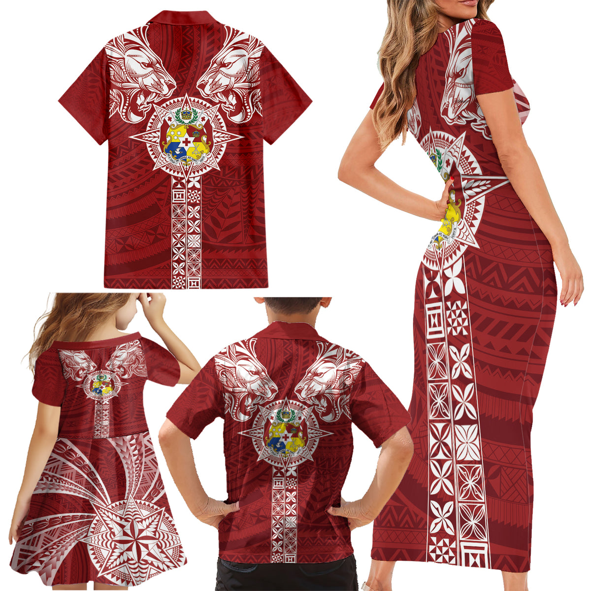 Tonga Independence Day Family Matching Short Sleeve Bodycon Dress and Hawaiian Shirt Tongatapu Lion Ngatu Motifs
