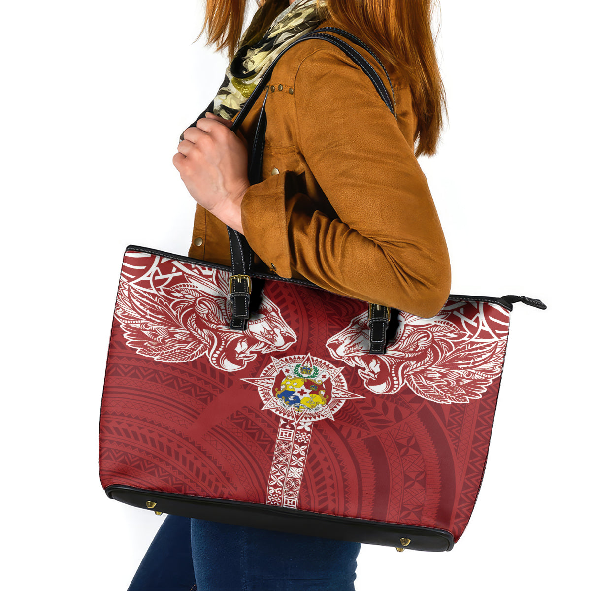 Tonga Independence Day Leather Tote Bag Tongatapu Lion Ngatu Motifs LT7 Red - Polynesian Pride
