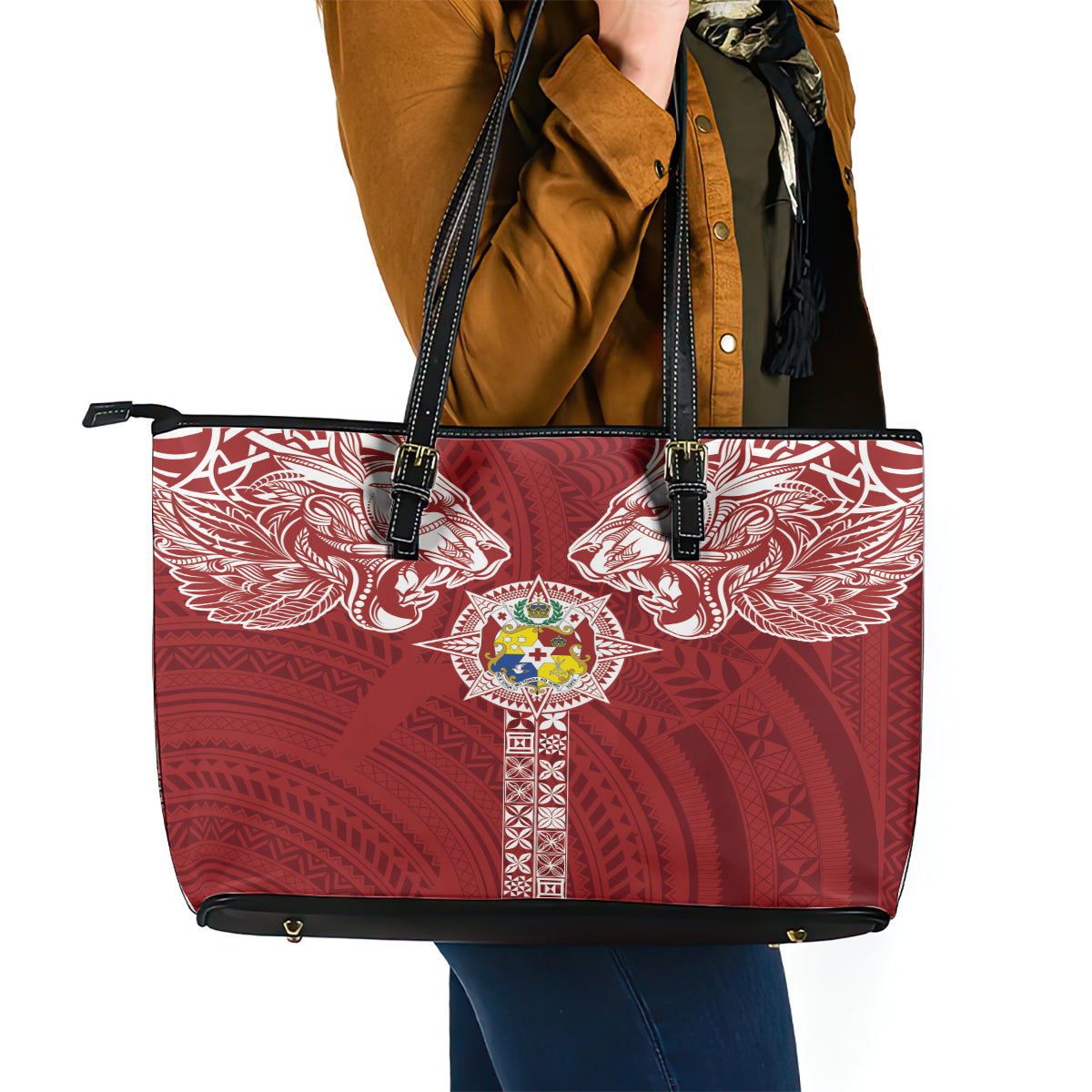 Tonga Independence Day Leather Tote Bag Tongatapu Lion Ngatu Motifs LT7 - Polynesian Pride