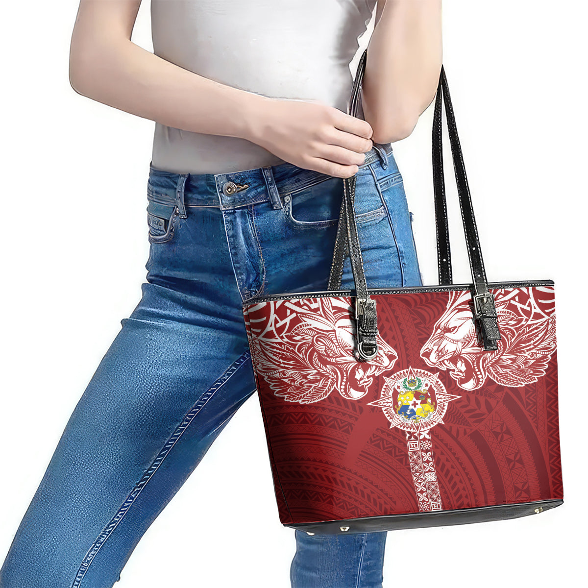 Tonga Independence Day Leather Tote Bag Tongatapu Lion Ngatu Motifs LT7 - Polynesian Pride
