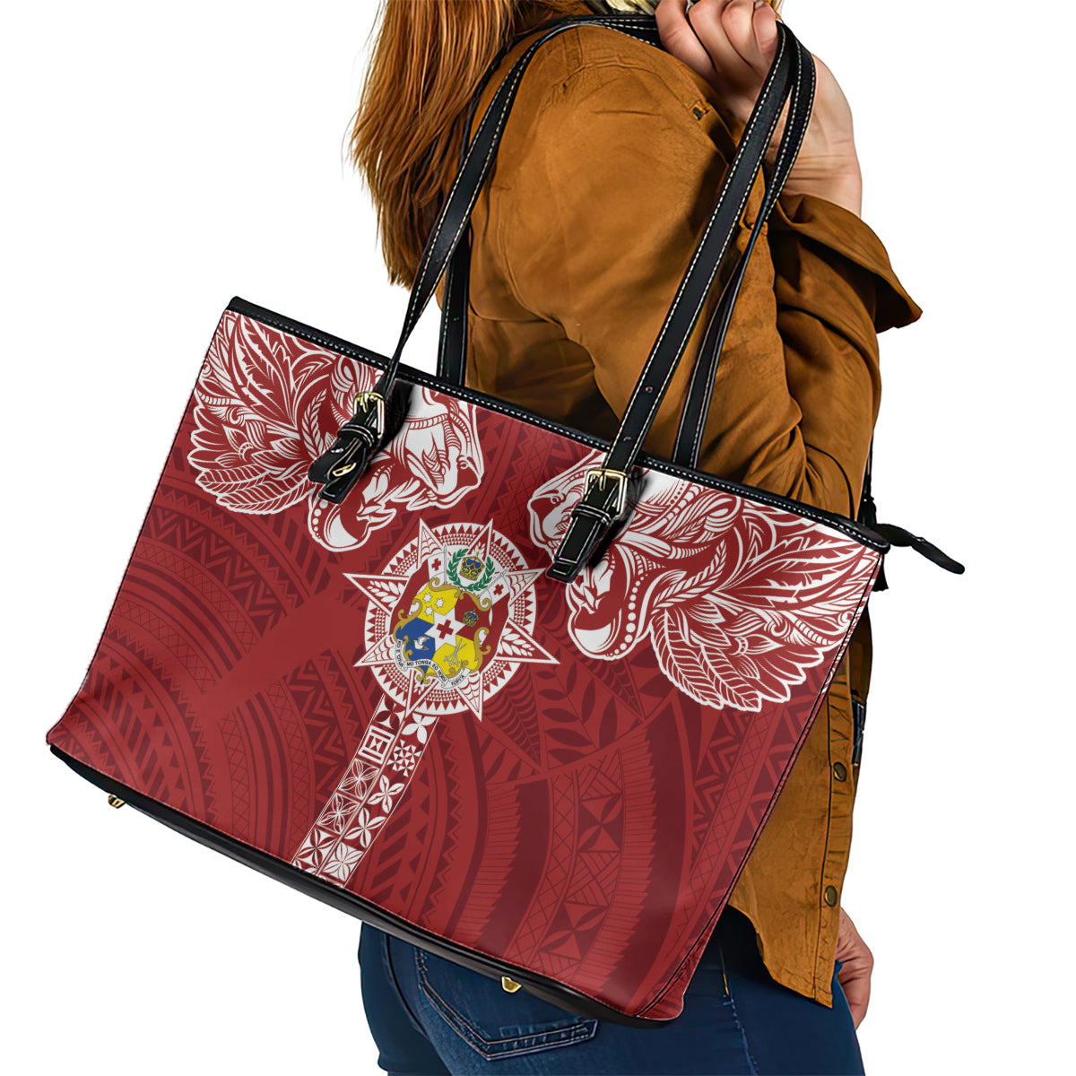 Tonga Independence Day Leather Tote Bag Tongatapu Lion Ngatu Motifs LT7 - Polynesian Pride