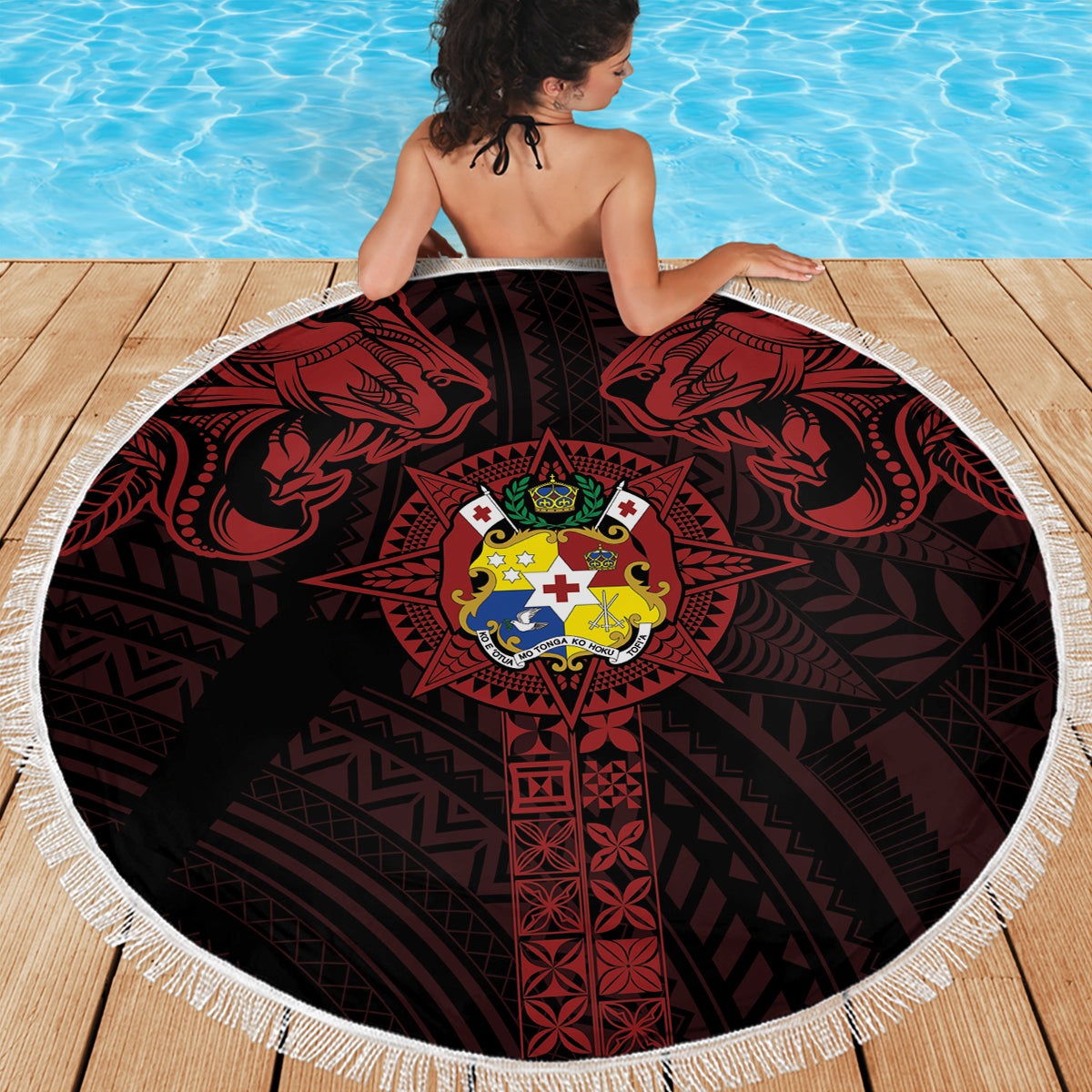 Tonga Independence Day Beach Blanket Tongatapu Lion Ngatu Motifs Black Ver. LT7 - Polynesian Pride